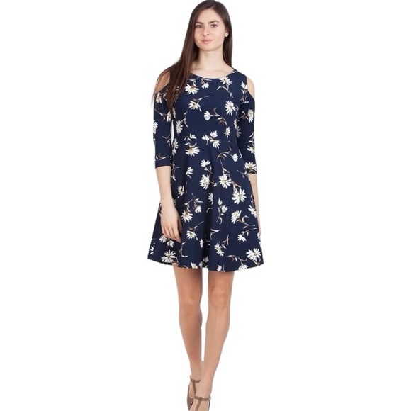 Zink London Women dark Navy Blue Printed flower pattern Fit & Flare Dress XL - Picture 8 of 17